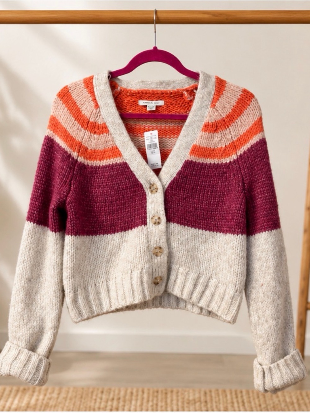 American Eagle Outfitters Cream Cardigan with Pink and Orange Stripes
